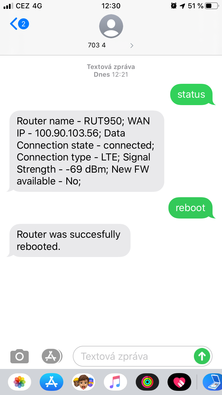 Příkazem Status se vrátila informace  o stavu, Příkazem Reboot jsme router restartovali ze vzdáleného místa.